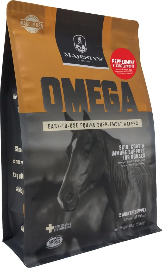 Wafers Omega de Majesté - Supplément de soutien pour chevaux et peaux d'équidés, manteaux et immunes - Omega 3, 6, 9 et Biotine (Peppermint, 60 comte)