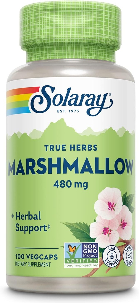 SOLARAY Marshmallow Root Capsules 480 mg - Verzachtende kruidenondersteuning w/Whole Marshmallow Root - High in Mucilage Soluble Fiber, Vegan, Non-GMO, Lab geverifieerd, 60-dagen garantie, 100 porties, 100 VegCaps