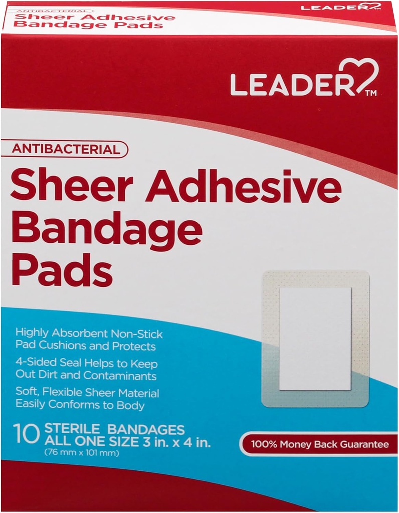 LEADER Sheer Kleefband Pads, Packs ofBlends with Skin, Highly Absorberende Non-Stick Pad, voor EHBO en Wound Care Protection, Vergelijk met Band-Aid, Allen One Size 3/4" x 4", 100 kt.