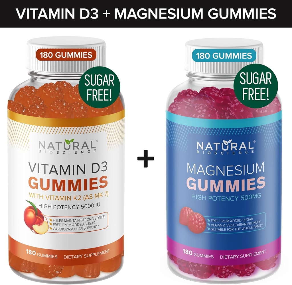 Suikervrije vitamine D3 K2 Gummies (180 Gummies) en suikervrije extra sterkte Magnesium Gummies (180 Gummies), vitamine D3 Gummies 5000 IE+K2 MK7 80 mcg, Magnesium Citrate Gummies 500 mg