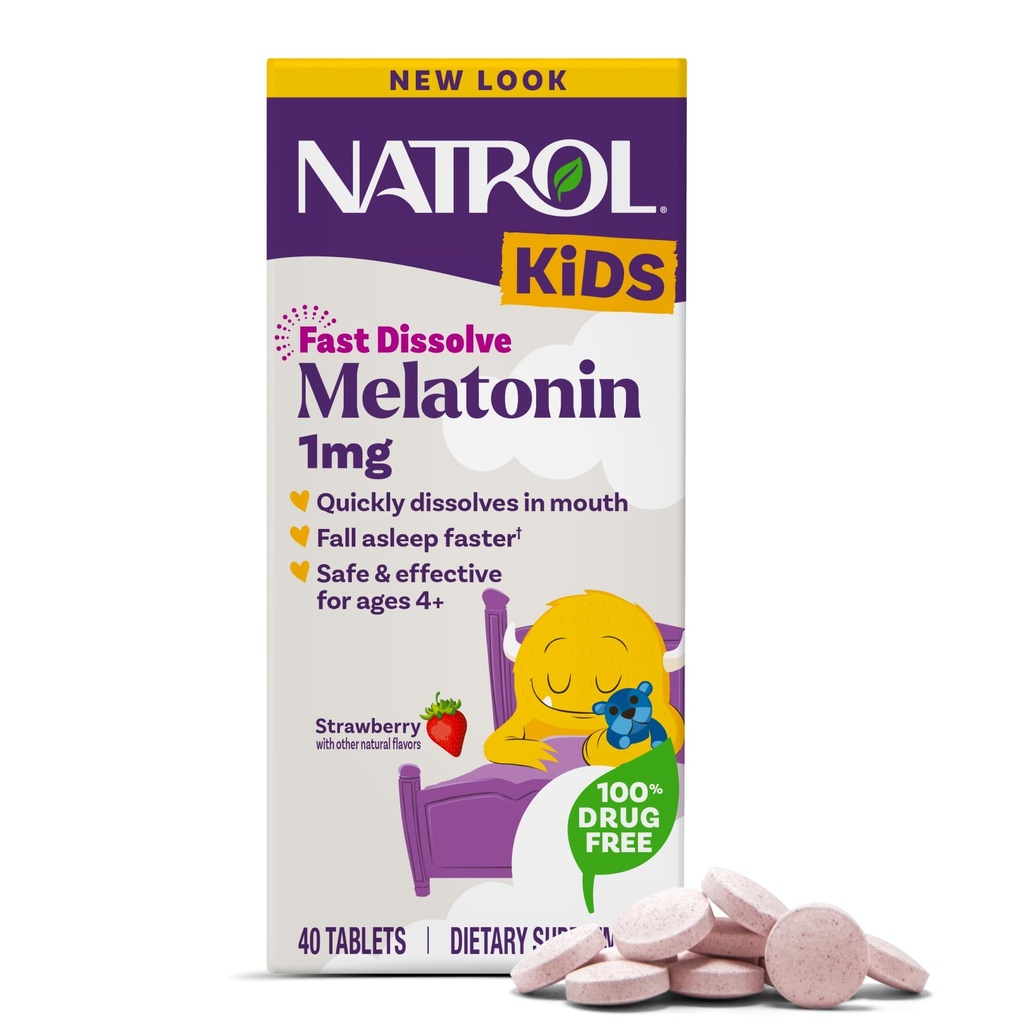 Natrol Kids Snel oplossen Melatonine 1 mg, Dieetsupplement voor rustgevende slaap, slaaptabletten voor kinderen, 40 aardbeien-gearomatiseerde Melatonine tabletten, 40 dagen levering