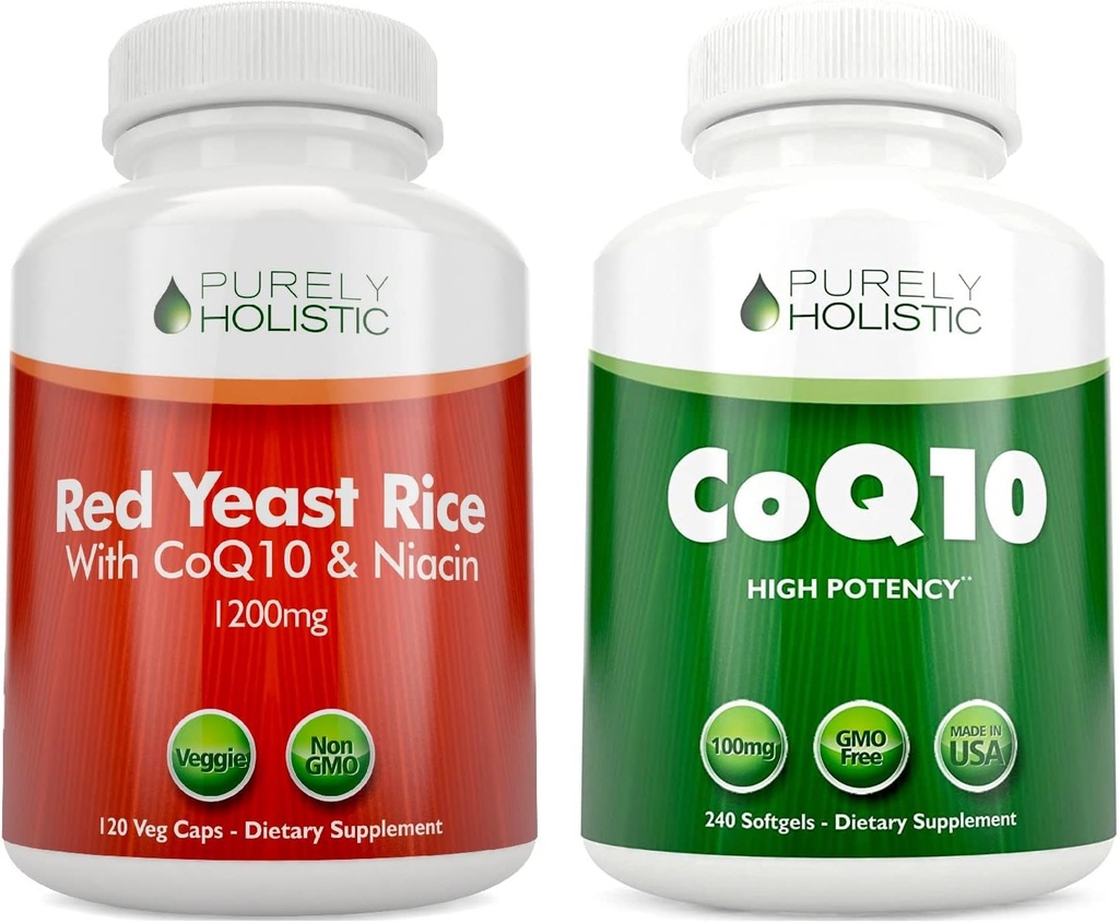 Pure Holistische Rode Gist Rijst 1200mg & Niacin + CoQ10 100mg - 120 Capsules & 240 Softgels Bundle - Made in USA