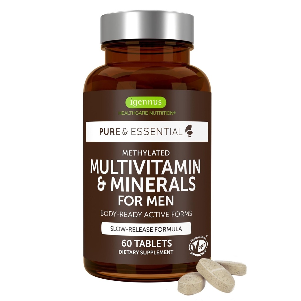 Igennus Méthylated Men's Multivitamin avec 22 actifs, livraison d'éléments nutritifs toute la journée, pur et propre, méthylfolate et méthylcobalamine, supplément MTHFR haute résistance, non-OGM et Halal, 60 comprimés