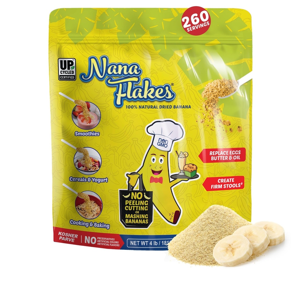 Nana Flakes 100% Pure Banana Flakes Food Powder 4 lbs - Great Source of Kalium & Fiber, for Digestive Health & Occasional Diarrhea, Meal Thicking - Natural & Soothing (4 lbs Bag)