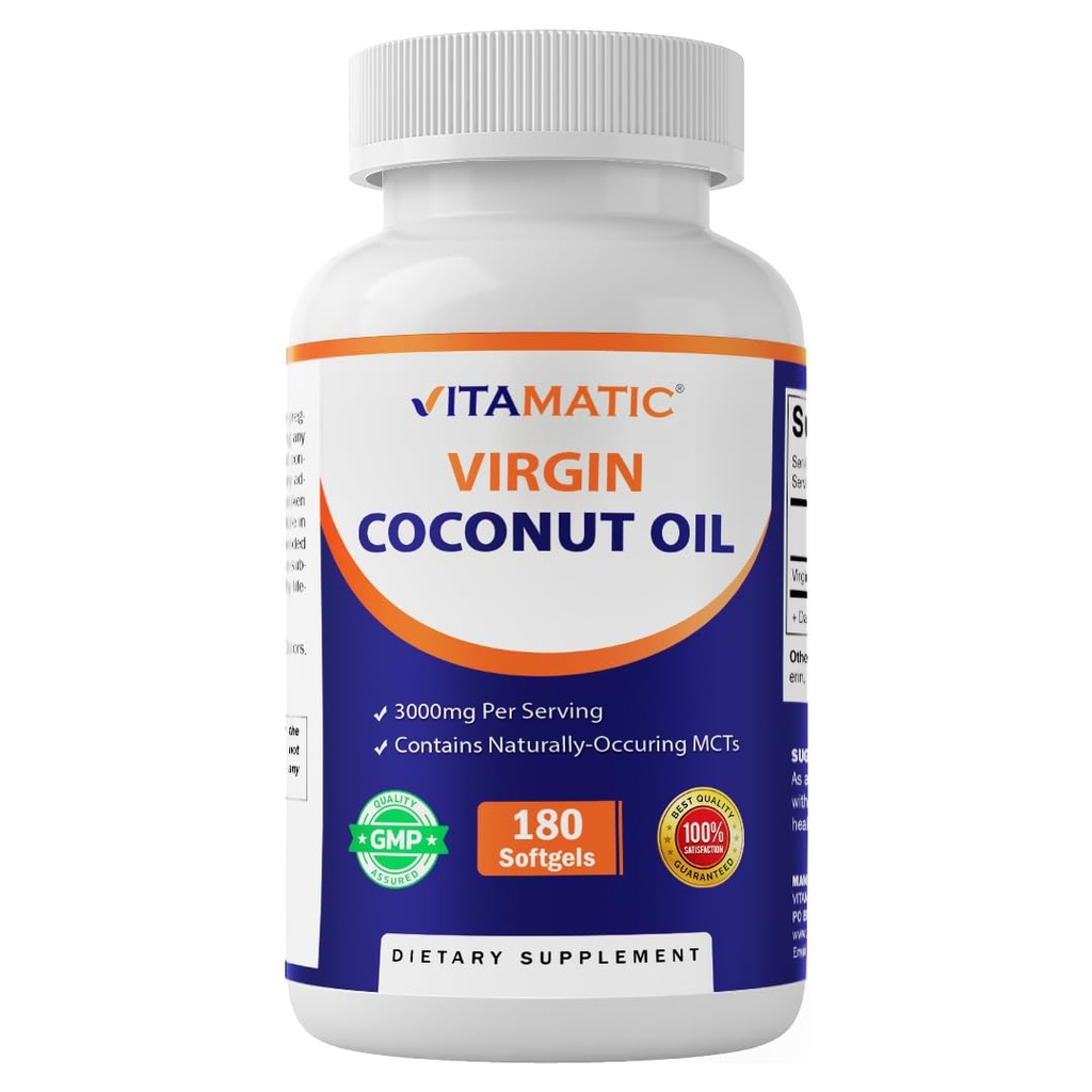Vitamatic Virgin Coconut Oil Softgels, 3000 mg per portie, 60 porties, 180 telling, non-GMO, glutenvrij