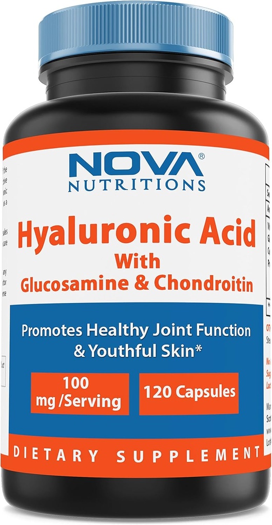 Nova Nutritions Hyaluronzuur 100mg/serveren - Bevordert jeugdige huid en gezonde gezamenlijke functie 120 Capsules