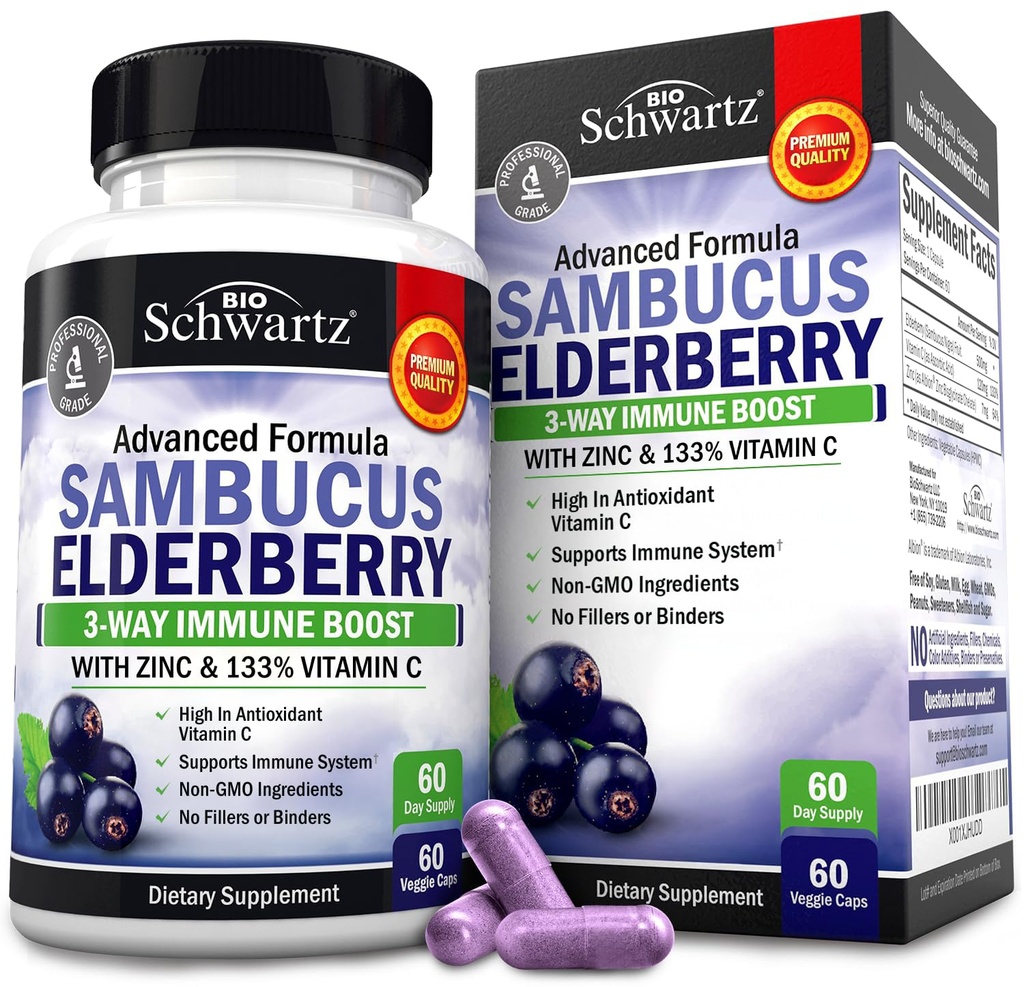 Capsules Elderberry avec du zinc et de la vitamine C pour les adultes - Soutien immunitaire Vitamines pour les femmes et les hommes - Sambucus noir Vitamine Elderberry C et zinc - Supplément multiminéraux de défense immunitaire, 60 Compte
