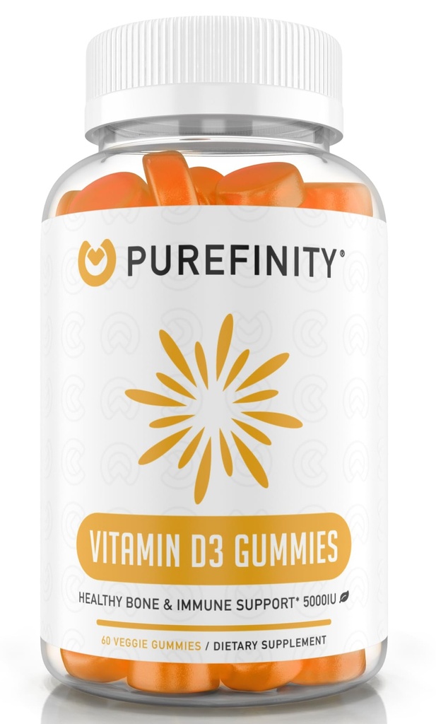 PUREFINITY Vitamine D3 5000 iu Gummies Uw dagelijkse vitamine D-supplement voor botgezondheid, immuungezondheid en gezamenlijke spierondersteuning voor volwassenen en kinderen 