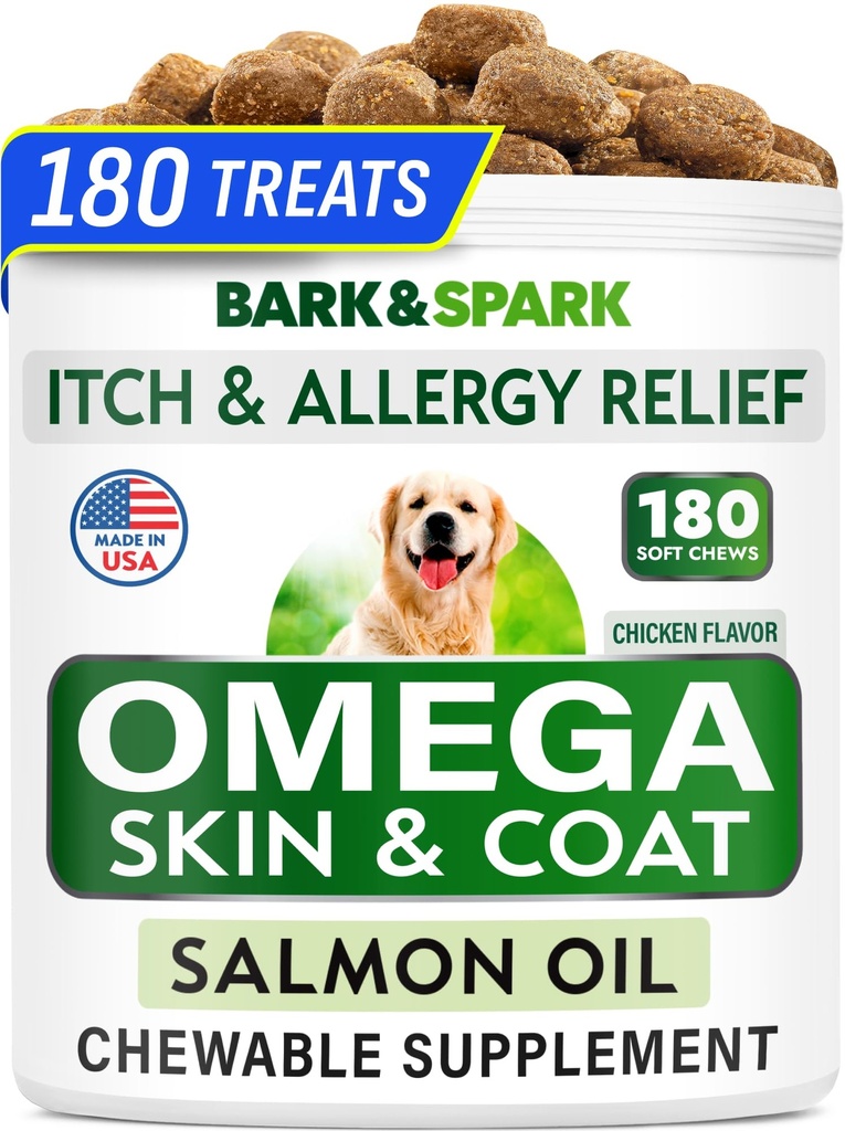 BARK&SPARK Omega 3 voor honden - 180 Vish Oil Treats for Dog Sheding, Skin Allergy Kauwen, jeuk Relief, Hot spots Treatment - Joint Health - Skin and Coat Supplement - EPA & DHA Fatty Acids - Salmon Oil
