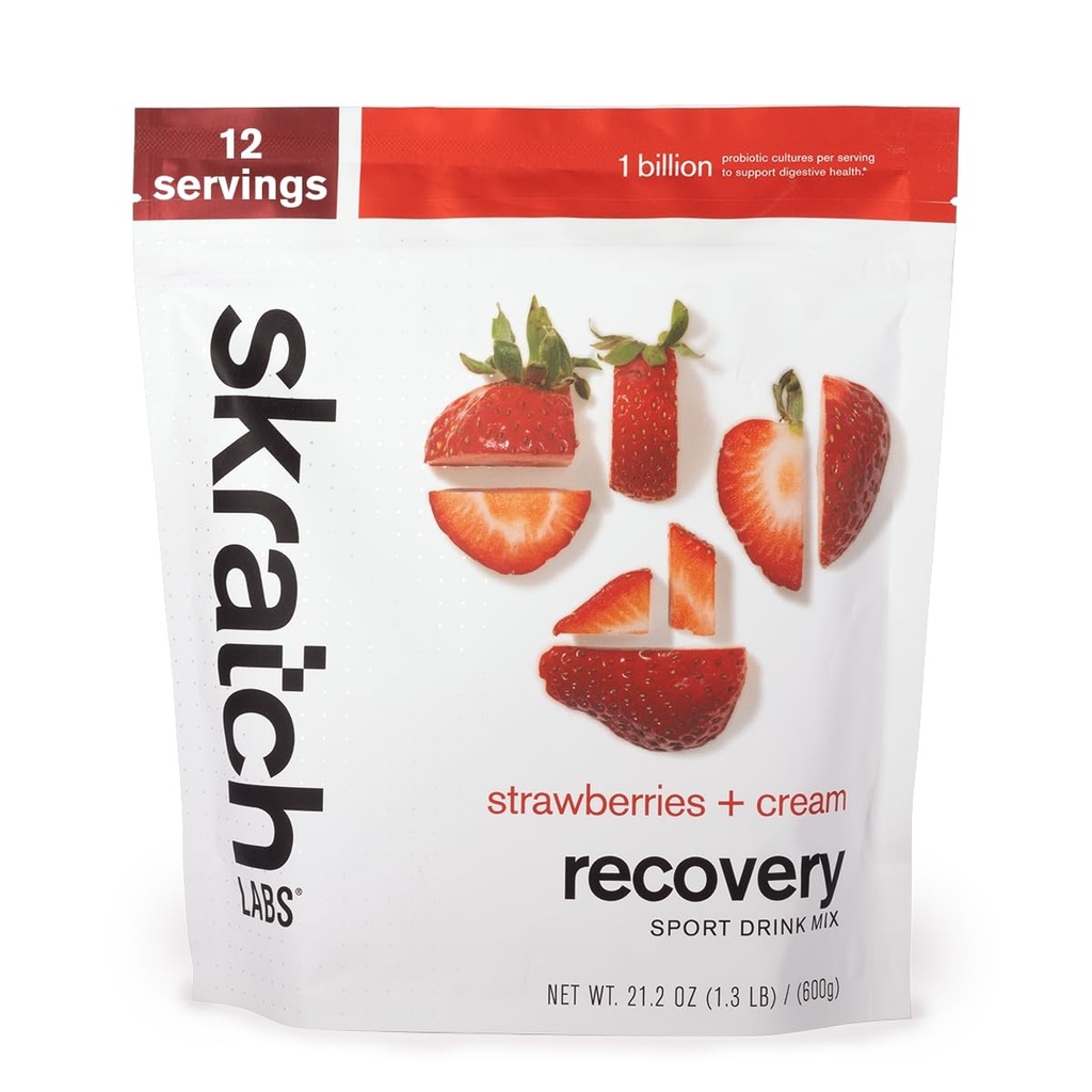 SKRATCH LABS Recovery- Sport Drink Mix , Protéines de lait complètes avec glucides, électrolytes et probiotiques , Poudre post entraînement , fraises + crème