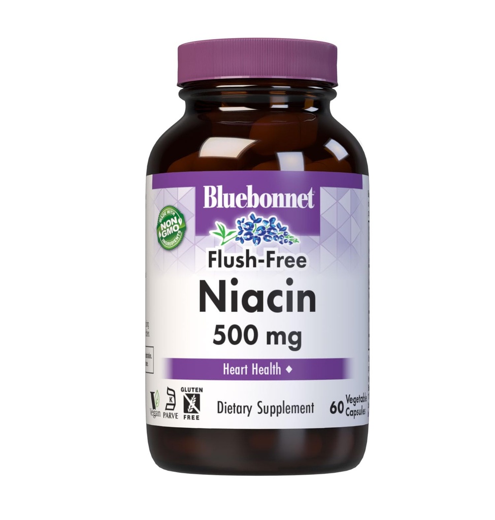 Bluebonnet Nutrition Flush-Free Niacin 500mg, pour le soutien cardiovasculaire nutritionnel*, sans soja, sans gluten, non-OGM, certifié Casher, sans lait, végétalien, 60 capsules végétales, 60 portions