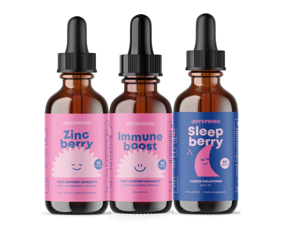 JoySpring zink met vitamine C supplementen voor kinderen, Immune Boost voor een ondersteund immuunsysteem, en Melatonine druppels voor kinderen slaapondersteuning