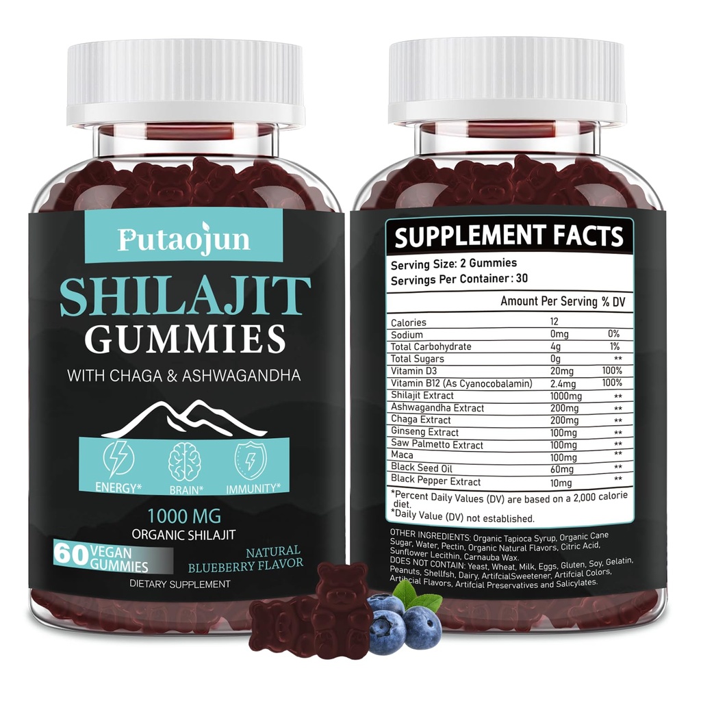 Shilajit for Man,Woman & Kid.Himalaya Gold Shilajit Gummies.1000mg Shilajit,200mg Ashwagandha,200mg Chaga,100mg Ginseng,100mg Saw Palmatto,60mg Black Seed Oil