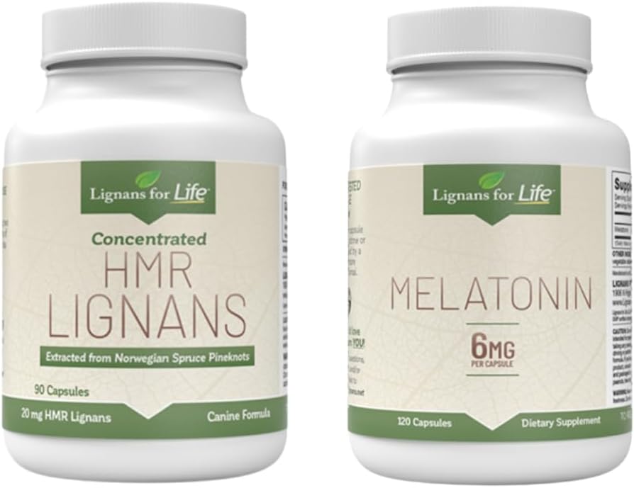 Lignans for Life Care Set Bundle - Natuurlijke Multivitamine HMR Lignans voor Honden 20mg, 90 Capsules en Melatonine voor Middelgrote Ras Honden 6mg, 120 Capsules, Vitaminen voor Algemene Gezondheid