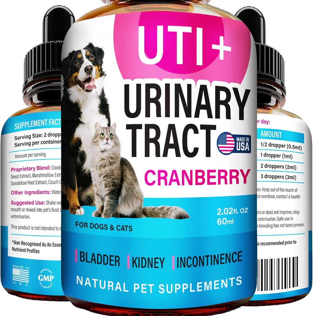 Cat & Dog UTI Treatment - UTI Medicine & Urinaire Tract Infection Treatment for Pets - Nierondersteuning - Blaascontrole voor honden Incontinentie - Cat UTI Remedy - Cranberry Supplement - US Made - 2fl.oz