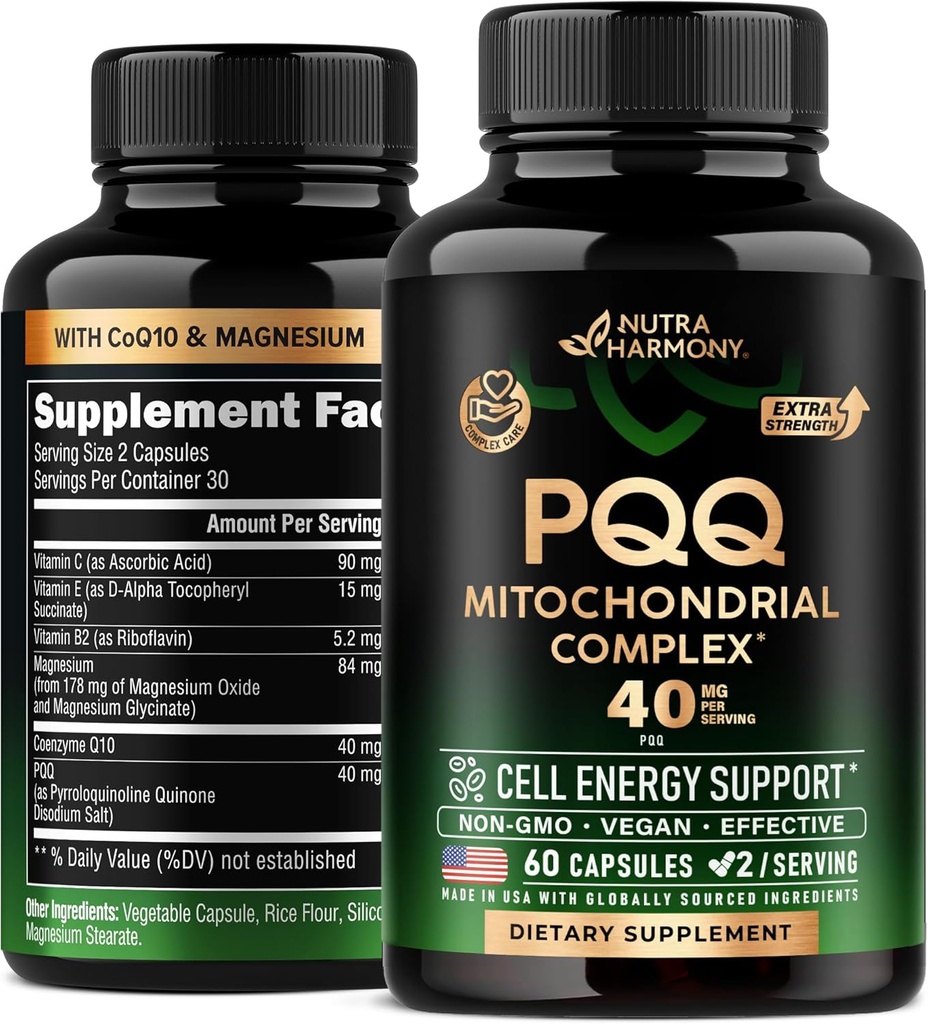 PQQ 40 mg - PQQ with CoQ10 Supplement - Mitochondrial Biogenesis & Cellular Energy Production - with Magnesium, Vitamines C, E & B2 - Pure & Highly Bio available Lab Tested - Made in USA - 60 Capsules