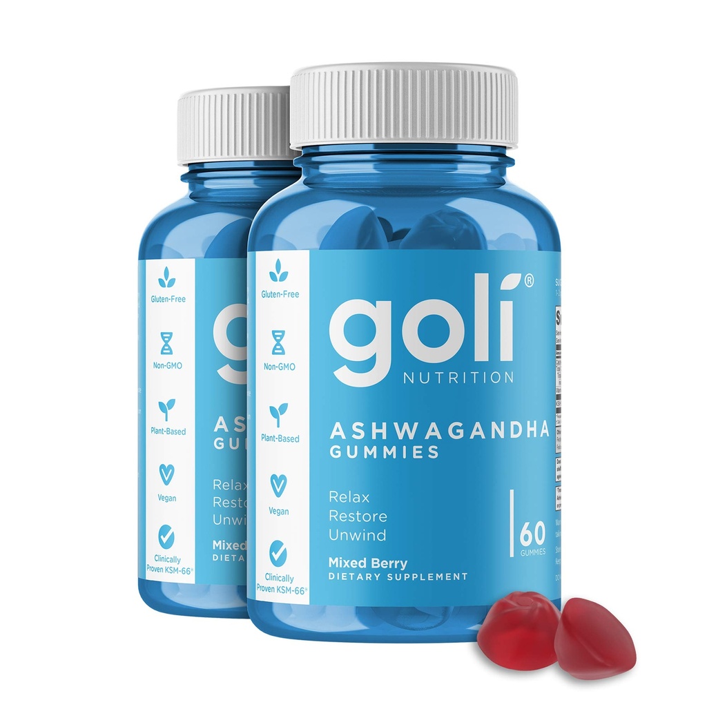 Goli Ashwagandha & Vitamin D Gummy 120 Count - Relax. Herstellen. Ontspan je. (Mixed Berry, KSM-66, Vegan, Plant Based, Non-GMO, Glutenvrij en Gelatinevrij), Verpakking van 2