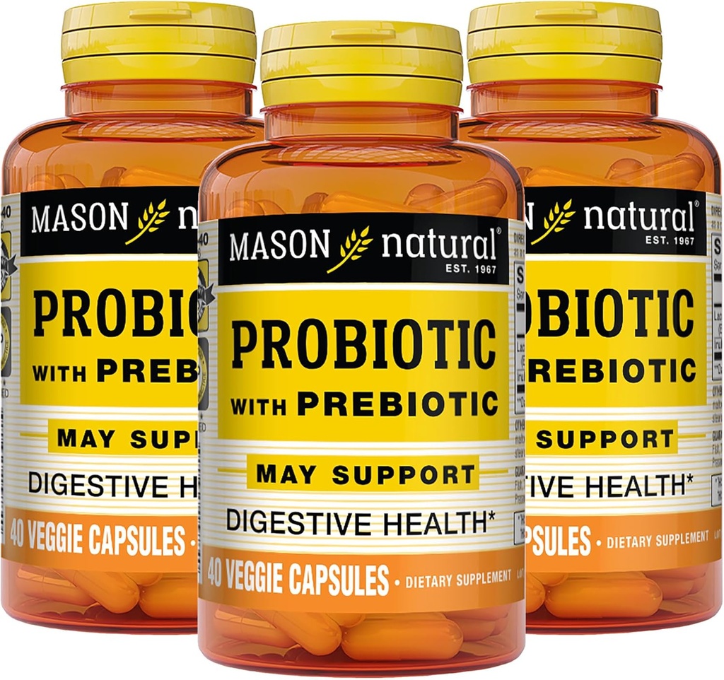 Probiotique naturel Mason avec prébiotique, 120 jours d'approvisionnement pour la fonction normale digestive et amélioration de la santé Gut, 3 Pack