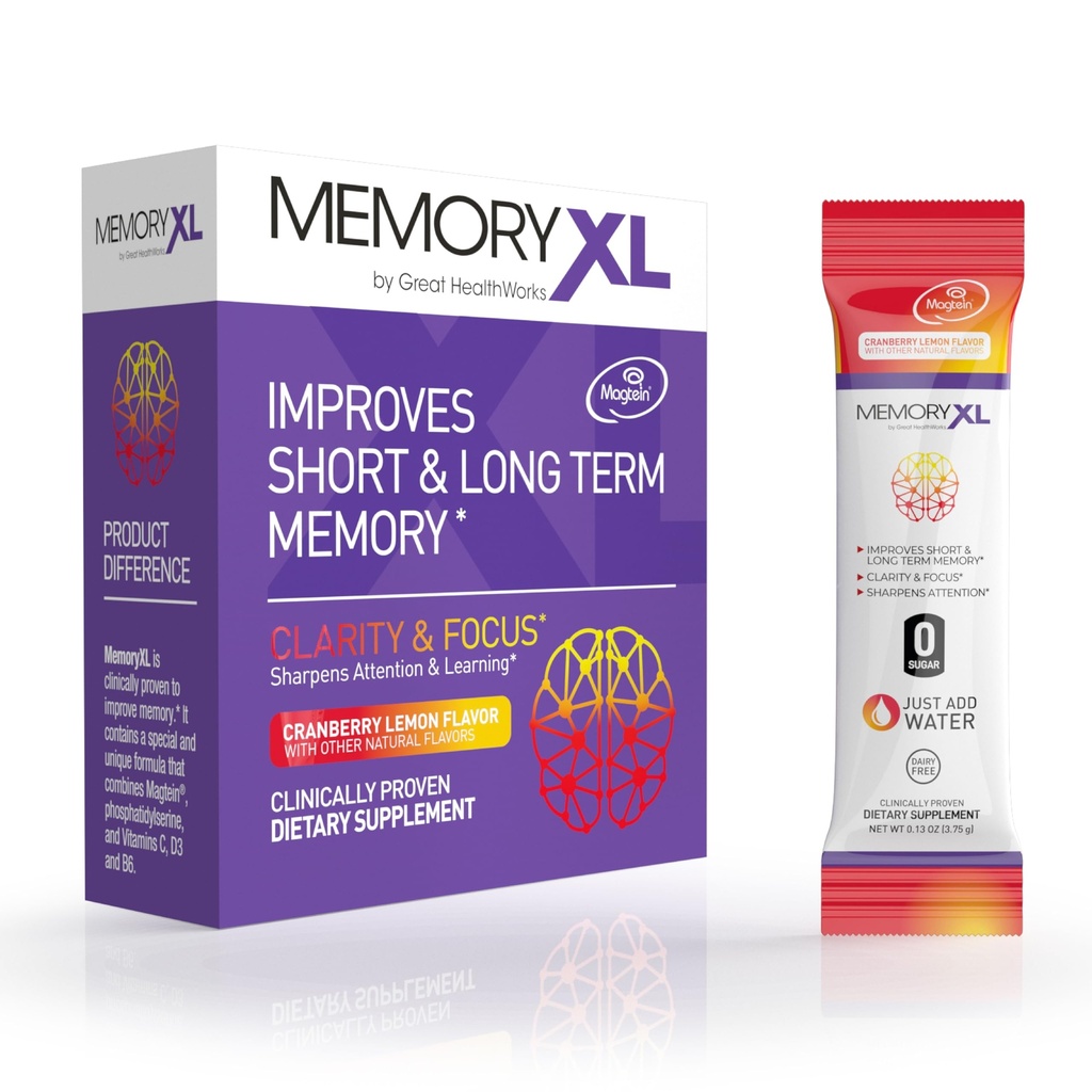 GeheugenXL, Magnesium L-Threonaat: Hersensupplement voor Geheugen & Focus; Magtein®, Fosfatidylserine, Vitamine Mix. Verbetert Geheugen Focus Aandacht Learning & Logic. 0 Suiker, 0 Cal, 30pk Cranberry Lemon
