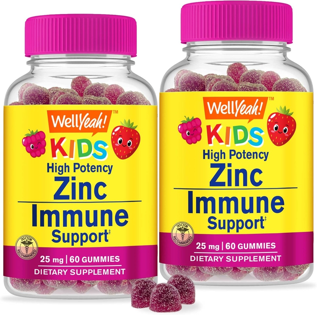 WellYeah Zink voor kinderen 25mg Gummies - Immuunsysteem en antioxidant ondersteuning - Huidgezondheid, Maximale sterkte Kinderen Zink Supplement Immuun Booster Gummy - GGO-vrij, Vegan - 60 Gummies (2)