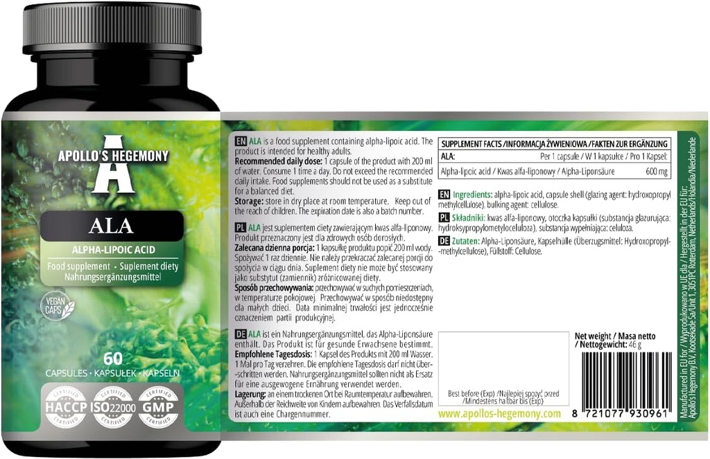 APOLLO'S HEGEMONY ALA (Alpha Lipoic Acid) 600 mg - 60 Vegan Capsules - Optimaliseert Glucose Management - Ondersteunt Mitochondriale Gezondheid - Twee maanden Levering