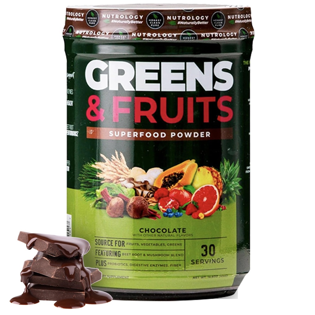 Nutrologie Groenen en vruchten Poeder-natuurlijk van oorsprong Fruit, Groenten, Beetpoeder & Mushroom Blend, Probiotica, Digestieve Enzymen, Vezel, Antioxidanten, Immune Support, Glutenvrij - Chocolade