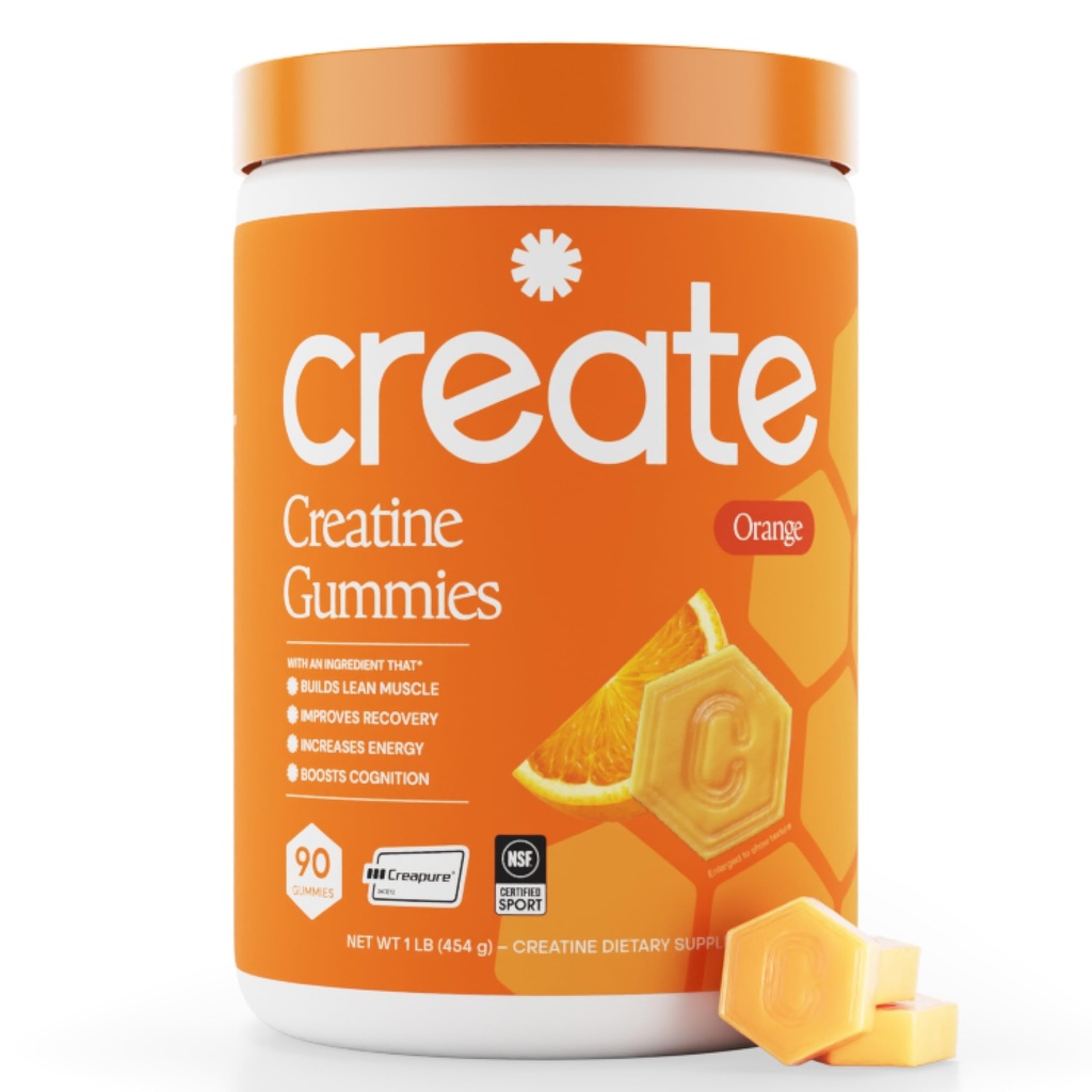 Creëer Creatine Monohydraat Gummy's voor mannen en vrouwen, Boost Focus, Kracht en Endurance, Anti-Melt Formula, Veganistisch, Glutenvrij, Non-GMO, 1,5 g Creatine per Gummy (Orange, 90 ct)
