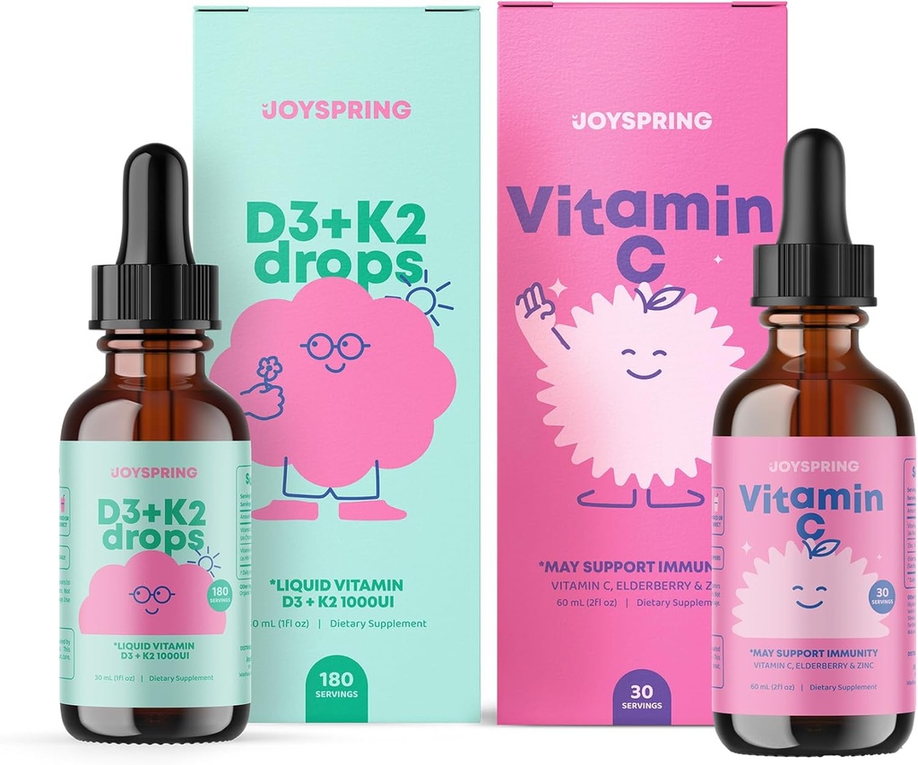 JoySpring Vitamine C + gouttes de mûrier + suppléments de zinc pour les enfants Immune Support et gouttes de vitamine D pour le soutien immunitaire et la santé cardiaque