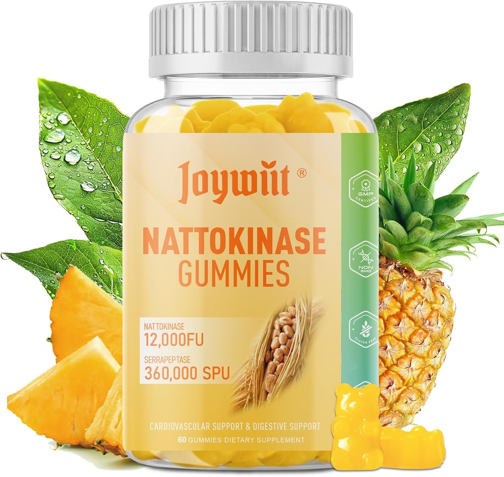 Nattokinase Gummies 12 000 FU, Serrapeptase Gummies 360 000 SPU Supplément enzymatique avec Bromelain Papain & Inulin pour Circulatoire, Gut, Soutien à la digestion, Vegan, Non OGM, 60 comtes