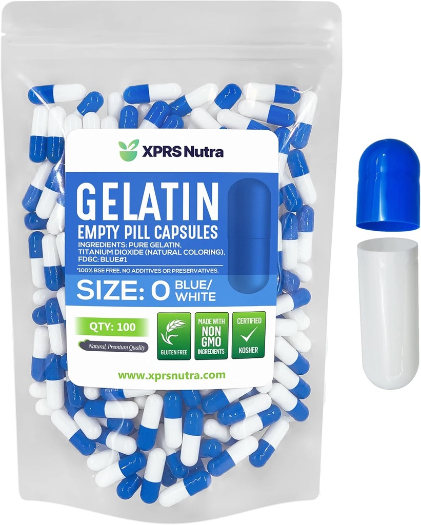 XPRS Nutra Size 0 Empty Capsules - 100 Count Empty Gelatin Capsules - Pills DIY Capsule Filling - Pure Bovine Pill Gel Caps for Do-It-Yourself Supplements (Blue/White)
