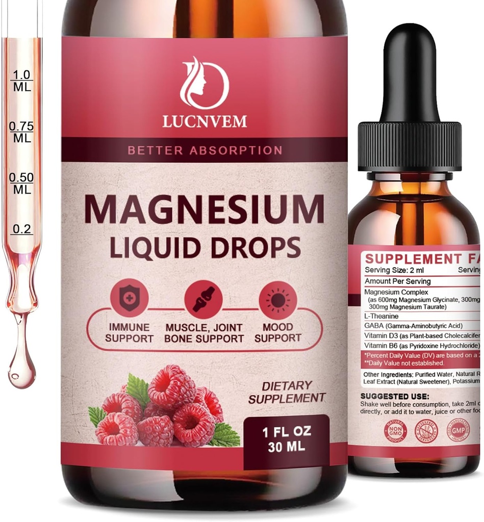 90% Absorptie Magnesium Glycinate Liquid Drops met Citrate en Taurate, Magnesium Complex 1200mg met GABA, L-theanine, D3 en B6 voor Kalmte, Slapen, Ontspannen - Raspberry Flavor 1 Fl Oz (Pack of 2)