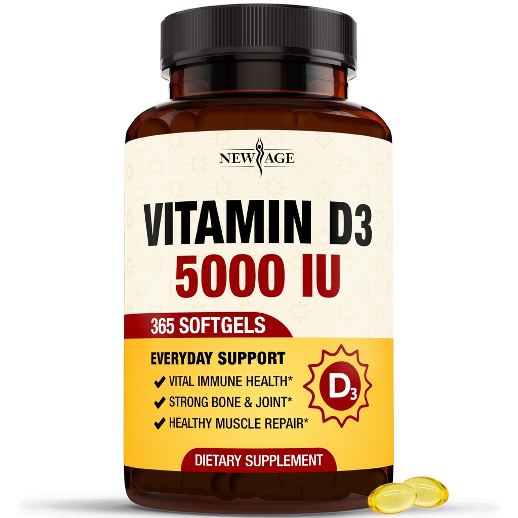 NOUVEAUX AGE Vitamine D3 5000 UI 125mcg Softgels - Soutien immunitaire, santé osseuse forte - Non-OGM, sans gluten, sans lait, 1 an d'approvisionnement (360 Softgels (paquet de 1))
