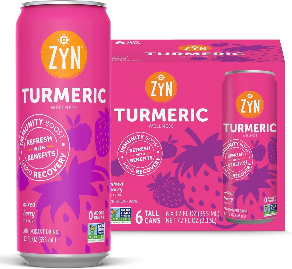 ZYN Kurkuma Wellness Drink 6 (Pack), Gemengde Berry Flavored Kurkuma Curcumin Drink met zwarte peper, Geen toegevoegde suiker, Low Carb & Low Calorie Drink, Clean Alternatief