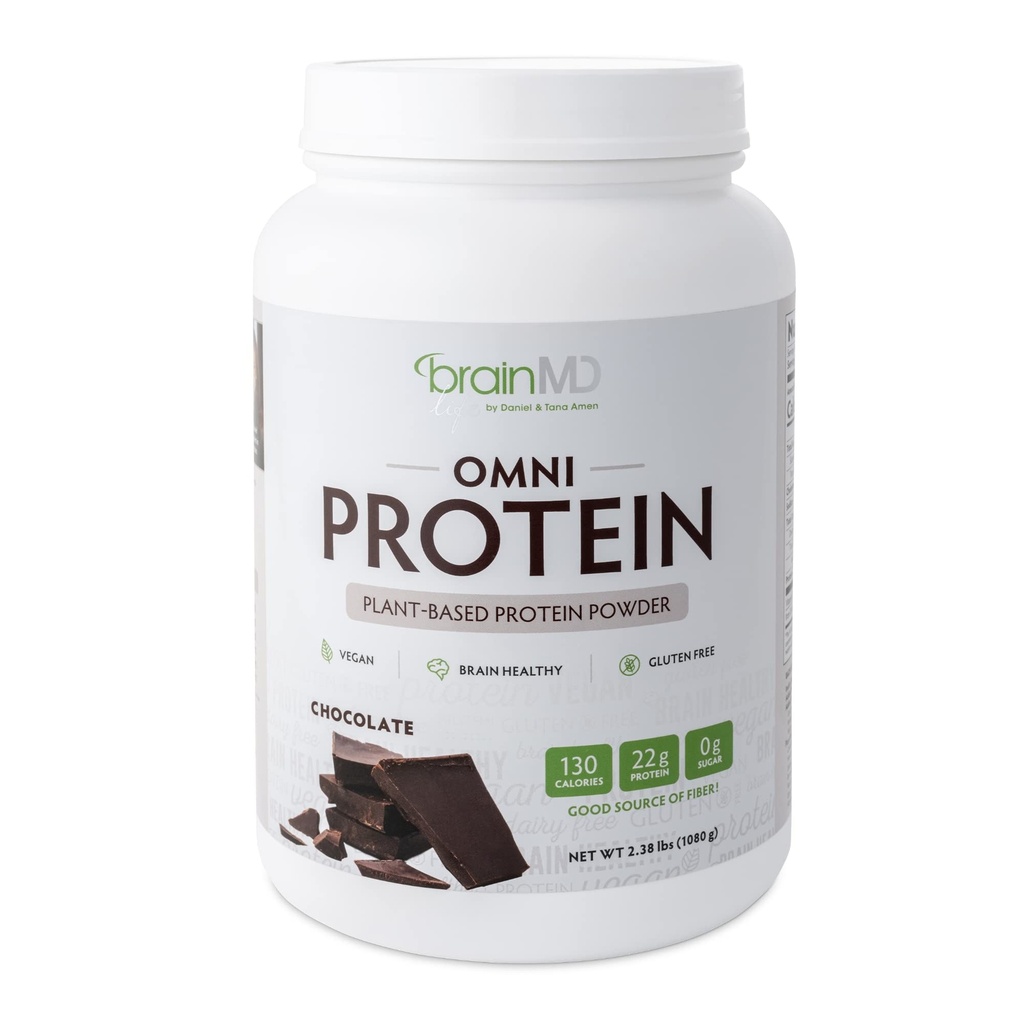 BRAINMD Dr Amen Omni Protein Chocolate - 2,38 lbs - Plant-Based Protein Powder - Bevordert Energie & Oefening Herstel - Veganistisch, Vegetarisch, Suikervrij, Glutenvrij - 30 porties