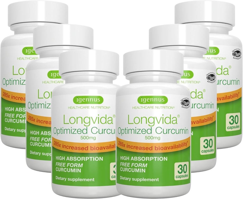 Igennus Longvida Lipideated Curcumin 500mg, Ultra Bio available & Sustained Action, 65x Hoger plasmaniveau, Intensive Support, Free-Form Curcumin, Vegan, 180 Capsules