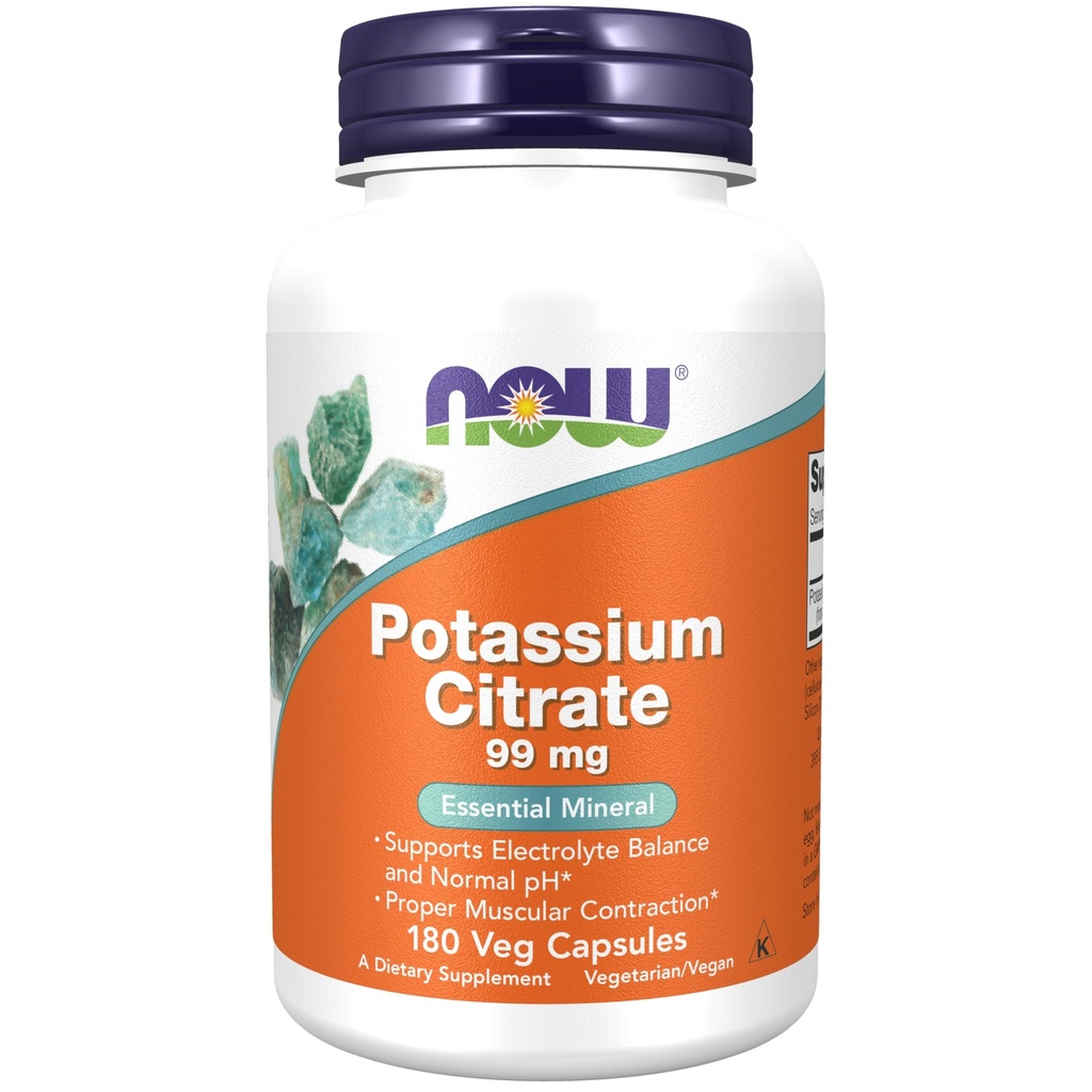 NOW Foods Supplementen, Kalium Citroen 99 mg, Ondersteunt Elektrolyt Balance en Normale pH*, Essentiële Minerale, 180 veg Capsules