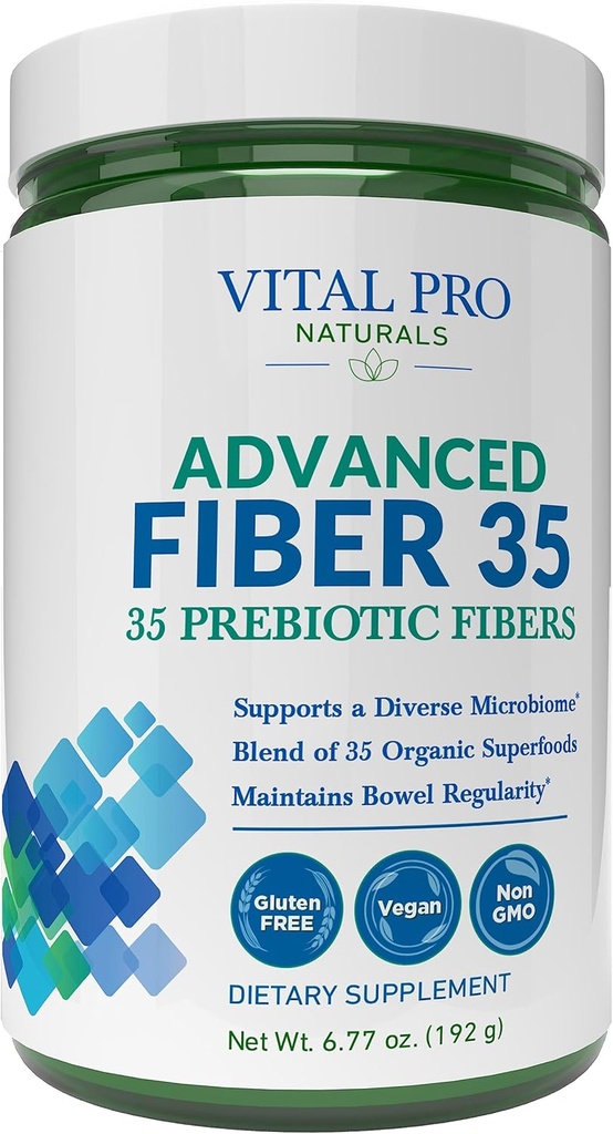 Vital Pro Naturals - Advanced Fiber 35 Powder Supplement for Dietary Support and Occasional Constipatie met 35 Prebiotic Fibers and 35 Organic Superfoods for Bowel Regularity, 6,77 oz