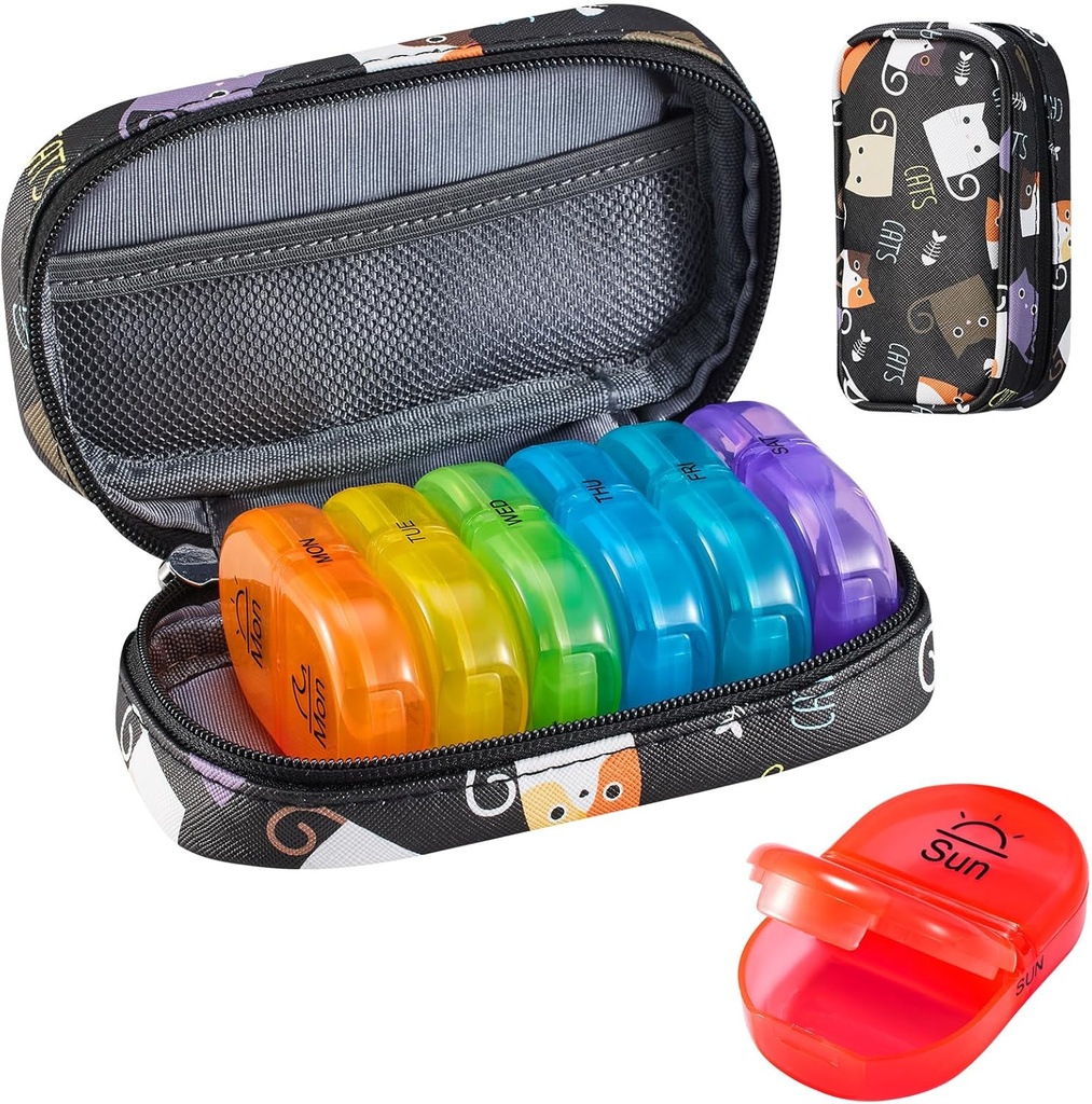 Serfeymi Weekly Travel Pill Organizer 2 keer Een dag AM PM Geupgraded Regenboog Pill Box 7 dag met Portable Zipper PU leren pil Case, Medicine Organizer voor pillen, Vitaminen, Visolie - Black 02