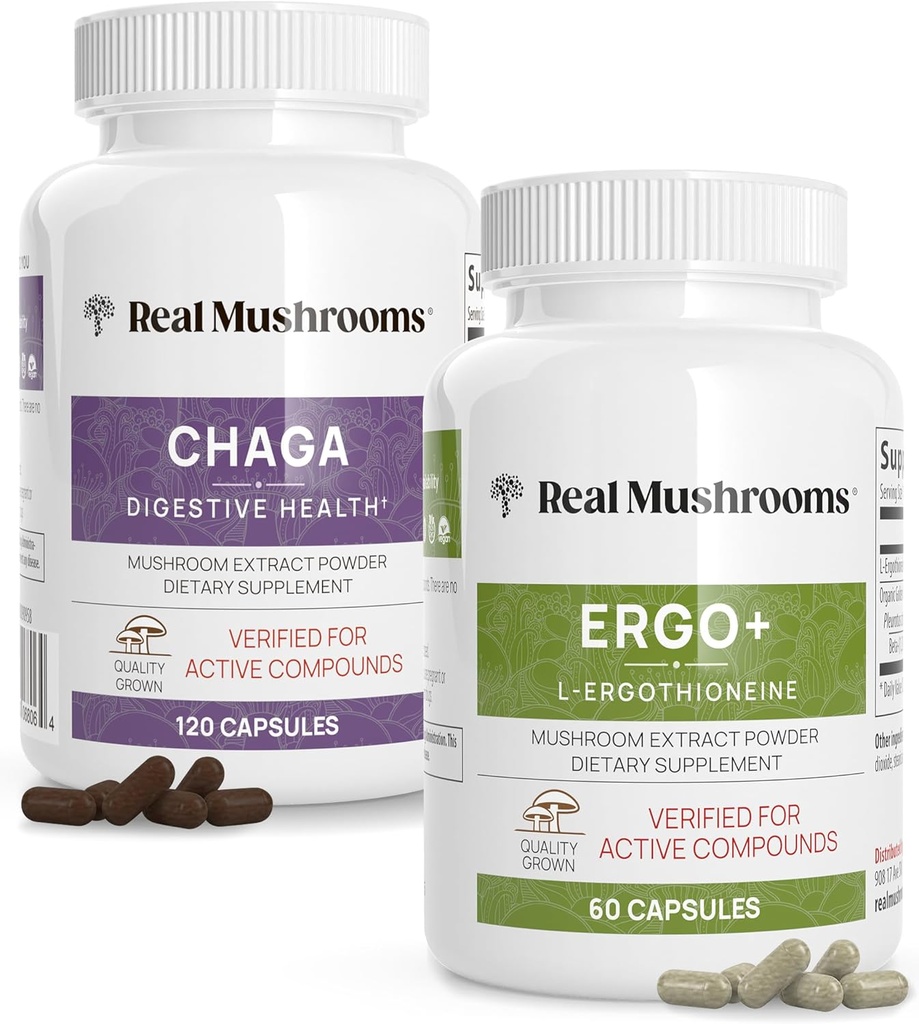 Real Paddestoelen Ergothioneine (60ct) en Chaga (120ct) Bundel met Shiitake en Oyster Mushroom Extract - Duurzaamheid, Digestieve Gezondheid - Veganistisch, Glutenvrij, Non-GMO - Natuurlijke ondersteuning voor gezonde veroudering