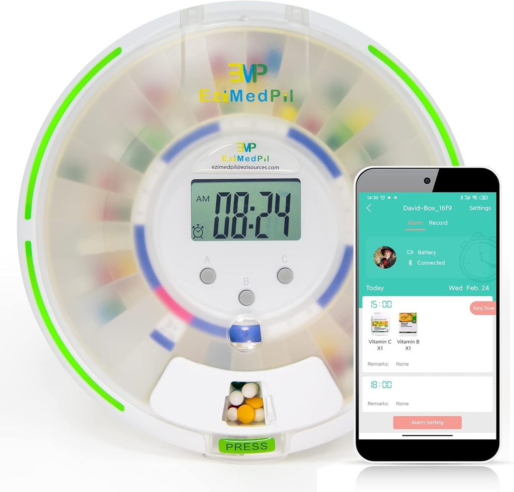 EziMedPil Bluetooth Pill Dispenser w/Sound & Light & App Alert, up to 9 Alarms/Day, Ezi-Read LCD, Frosted Lid & Locked 28-Day Medication Dispenser for Protecting Pills Privacy