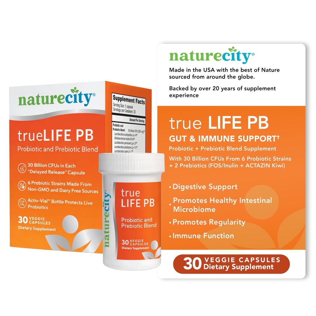 NatureCity True-Life-PB Shelf Stable Blend Prebiotica en Probiotica voor vrouwen en mannen - Digestieve Gut Health Supplementen voor vrouwen en mannen - Dairy Free - (30 Veggie Capsules)
