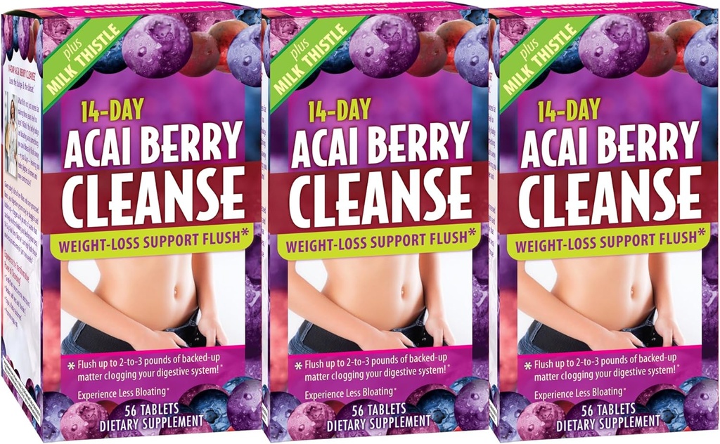 Toegepaste voeding 14-Dag Acai Berry Cleanse - 56 tabletten, Verpakking van 3 - Gewicht-Loss Ondersteuning Flush + Melkdistel - 84 Totaal porties