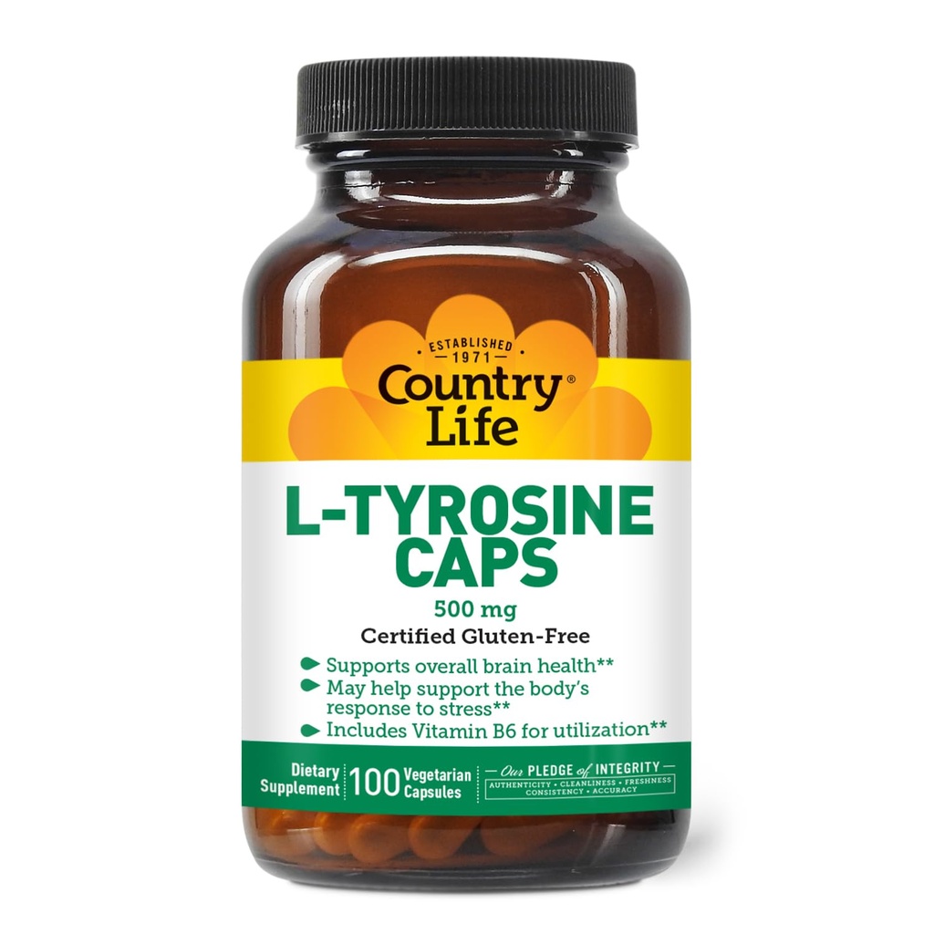 Country Life L-Tyrosine 500mg avec supplément vitamine B6 - Certifié sans gluten, végétarien, kosher, boosts focus & Energy, soutient la santé cérébrale, améliore la clarté mentale, non-OGM - 100 capsules