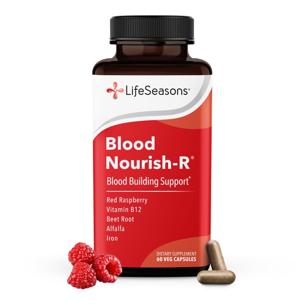 LifeSeasons Blood Nourish-R - Supplément de carence en fer - soutient l'anémie, la fatigue, la pâleur et les vertiges - Non Constipation - Blood Building - Fer, Alfalfa, Framboise et Vitamine B-12-60 Capsules