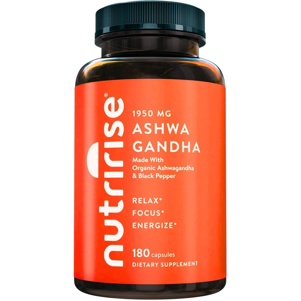 NutriRise Organic Ashwagandha Capsules de racines avec poivre noir 1950mg, Stress naturel et l'humeur, complément de soutien thyroïde et immunitaire, aide au sommeil, clarté, focus et énergie, sans gluten, 180 Compte
