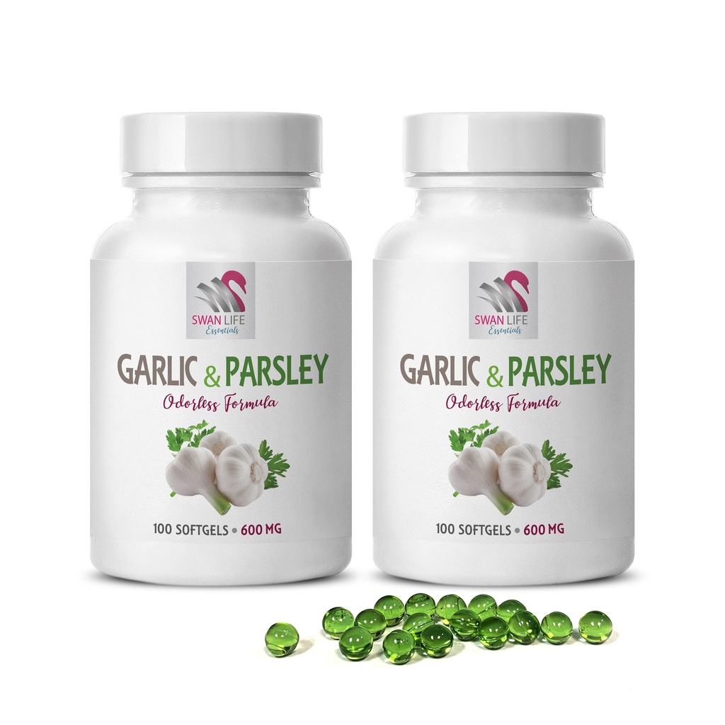 knoflooksupplementen - GARLIC EN PARSLEY ODORLESS FORMULA - botgezondheidsvitaminen voor vrouwen, knoflook allicine, allicine, knoflooksupplementen,garlic peterselie, peterseliecapsules, geurloze knoflook - 2B 200 Caps