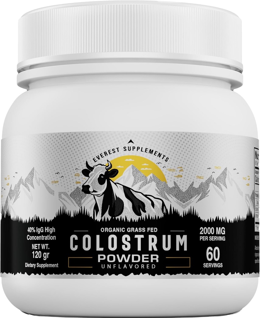 Poudre de colostrum biologique pour la santé des gourdes - 40% IgG, 100% poudre de fécule de graminée pure pour la croissance des cheveux, la beauté et l'Immune, facile à mélanger, haute concentration, non aromatisée (60 portions)