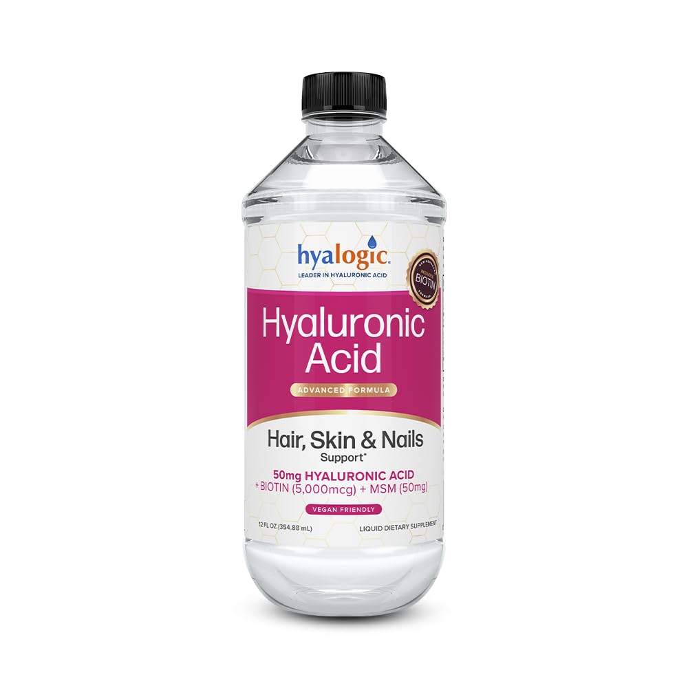 Hyalogic Liquid Hyaluronic Acid Supplement - Ondersteuning voor gezond haar, huid en nagels met 5.000 mcg Biotine en 50mg MSM - Natuurlijke hydratatie voor het hele lichaam - High Molecular Weight Formula - 12 oz