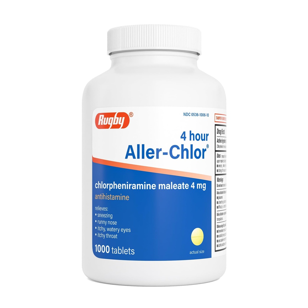 Rugby 4 uur Aller-chloor - Chlorfeniramine Maleaat 4 mg - Antihistamine - 1000 tabletten (1 verpakking)