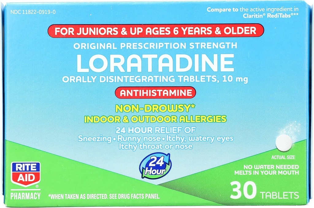 Rite Aid Kid's Non-Drowsy Allergie Relief, Loratadine 10mg, Mint smaak - 30 tabletten 